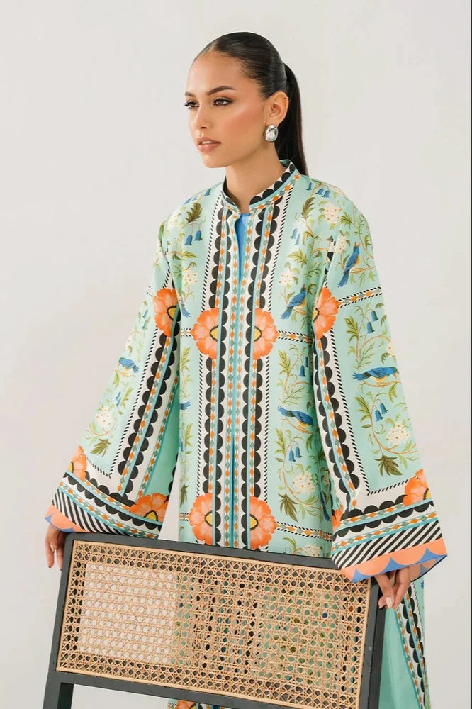 Mint Green & Orange Fashionable Floral Patterned Long Kaftan Dress